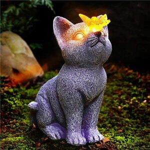 Solar Cat Garden Statue - Outdoor Cat Statue with Solar Butterfly